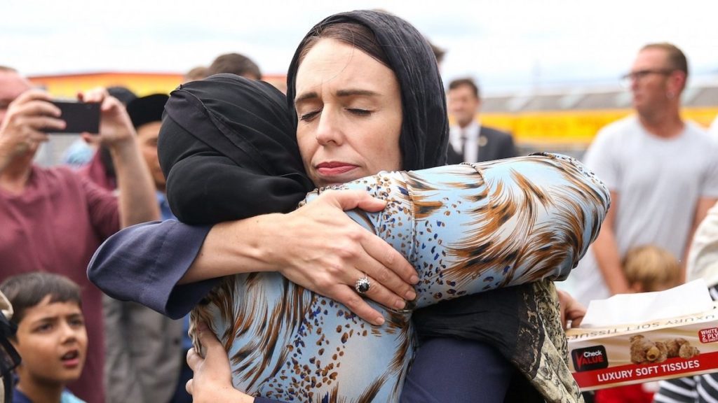 Jacinda Ardern visiting members of one of the mosques where the shooting took place.